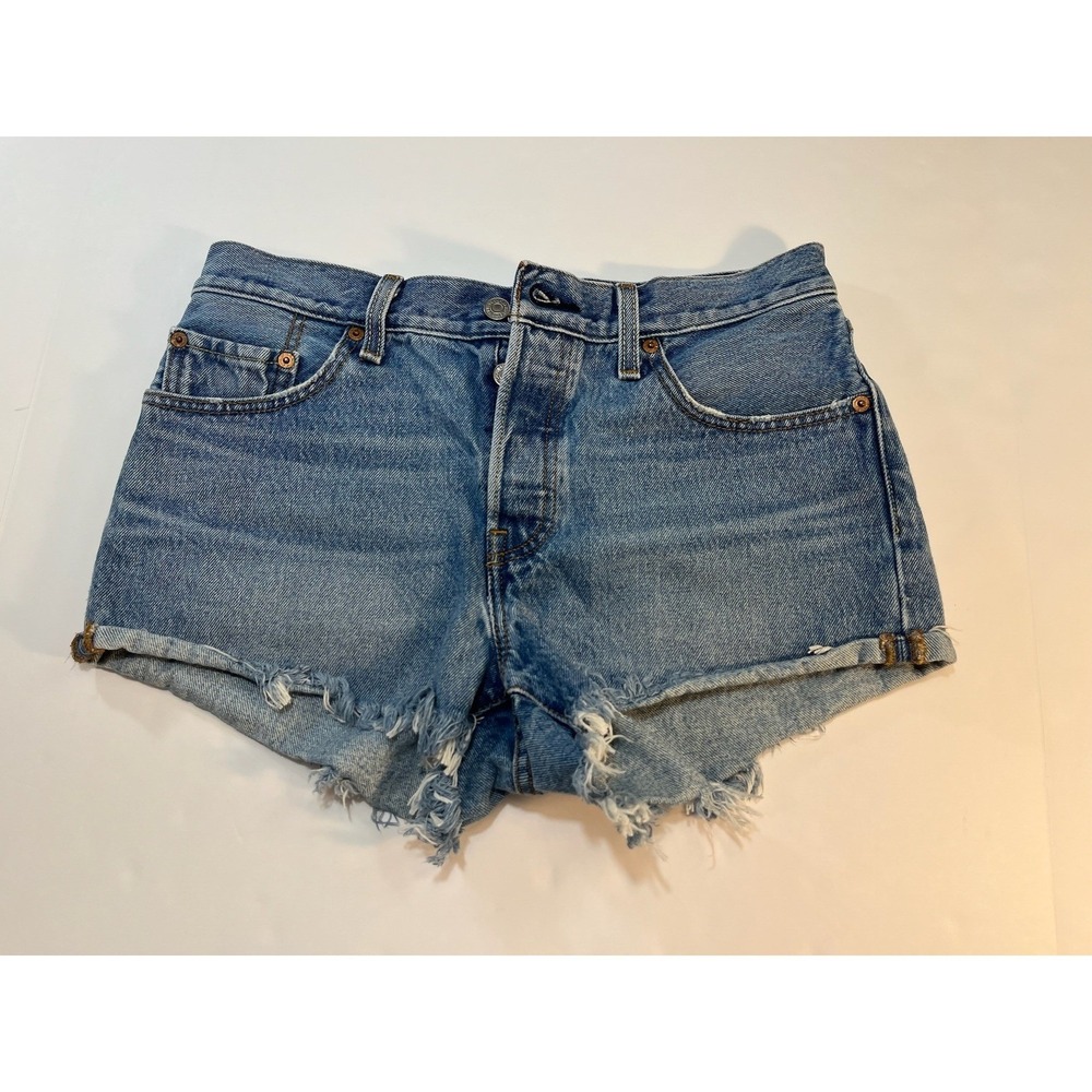 Levis 501 Original High Rise Cut Off Denim Shorts Medium Wash Blue Button Fly 27